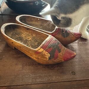 Vintage Hand-Painted Wooden Clogs in Brown and Red - Women’s Slip-On